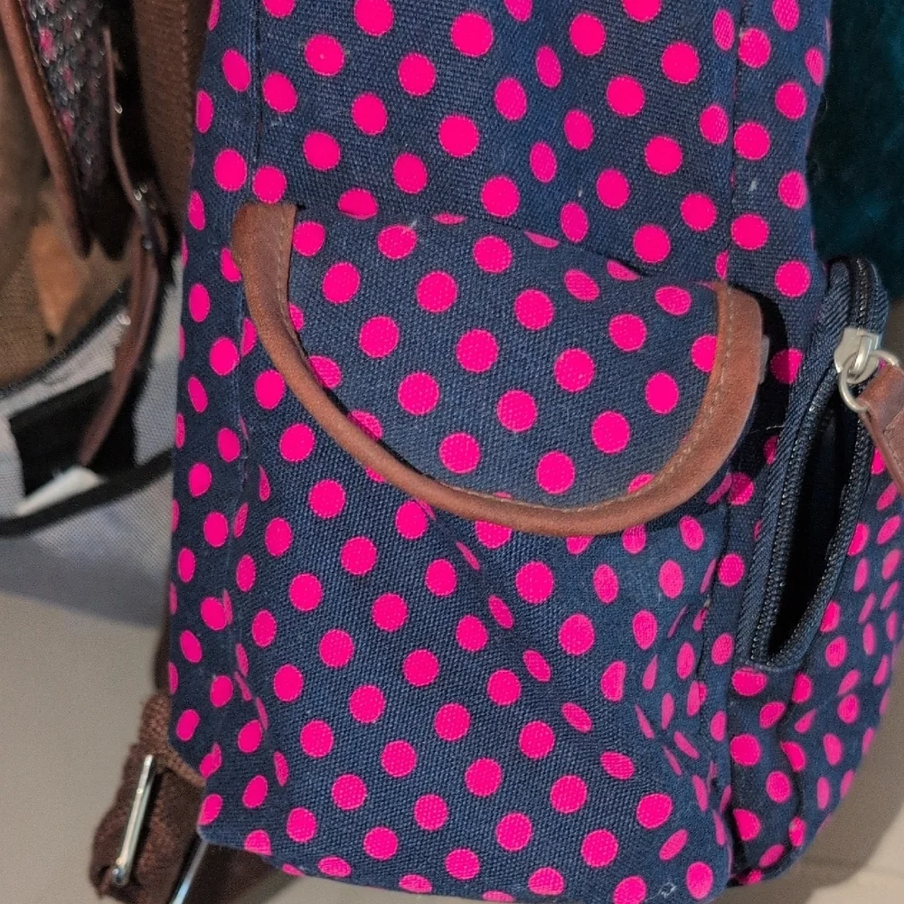 Trendy Polka Dot Backpack with Brown Trim
